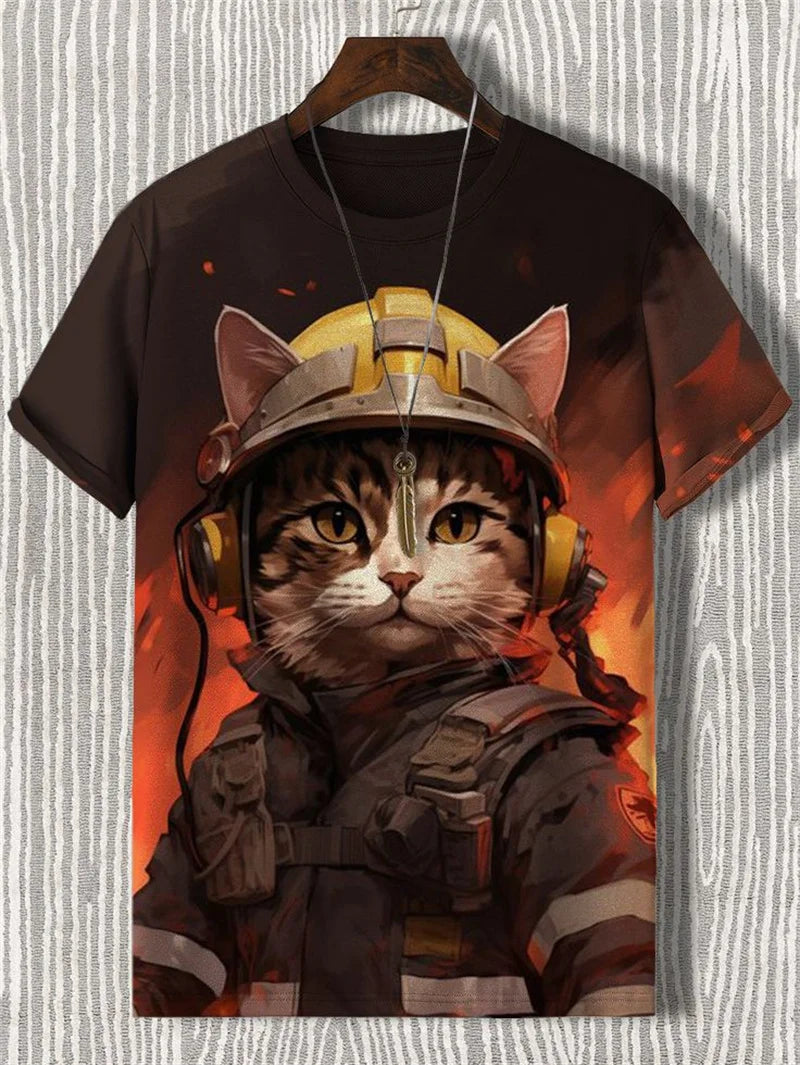 Japanese Style Samurai Cat Graphic T Shirt For Men Causal 3D Printed O Neck Short Sleeve Tees Outdoor Oversize Men Clothing Tops