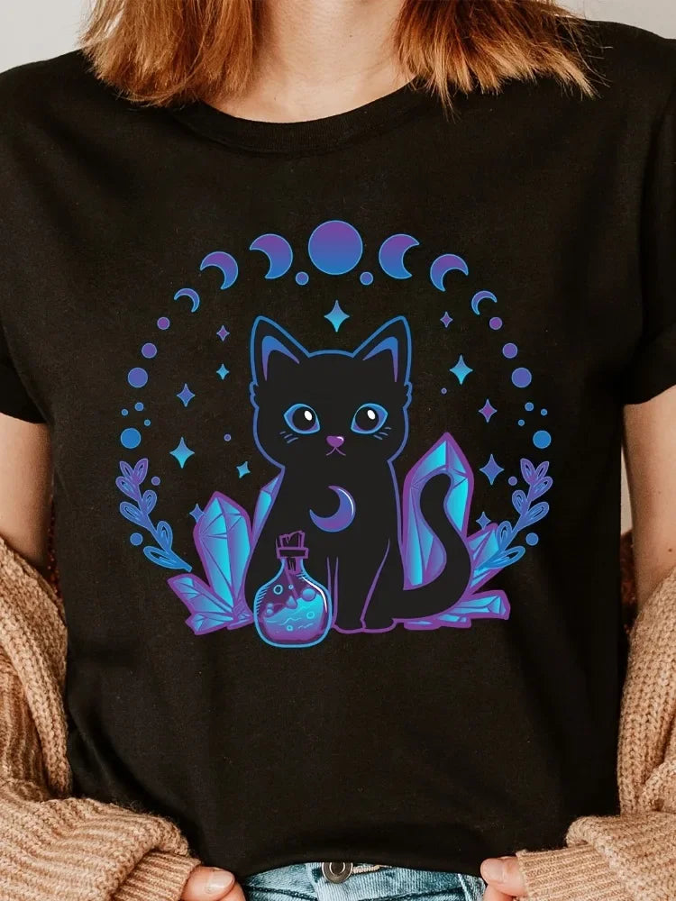 Cute Crystal Black Cat Fashion Letter Print T-Shirt Women Short-Sleeve Crew Neck Casual Top Spring Summer Fall Seasonal Tee Tops