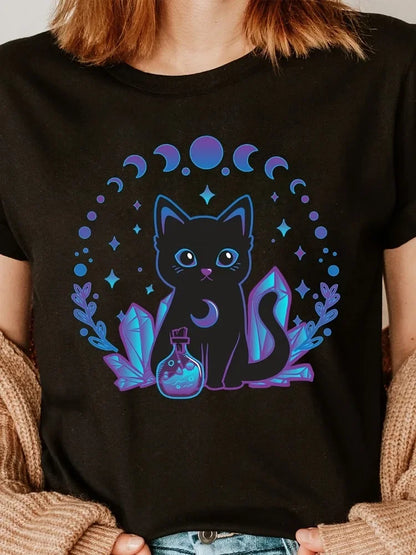 Cute Crystal Black Cat Fashion Letter Print T-Shirt Women Short-Sleeve Crew Neck Casual Top Spring Summer Fall Seasonal Tee Tops