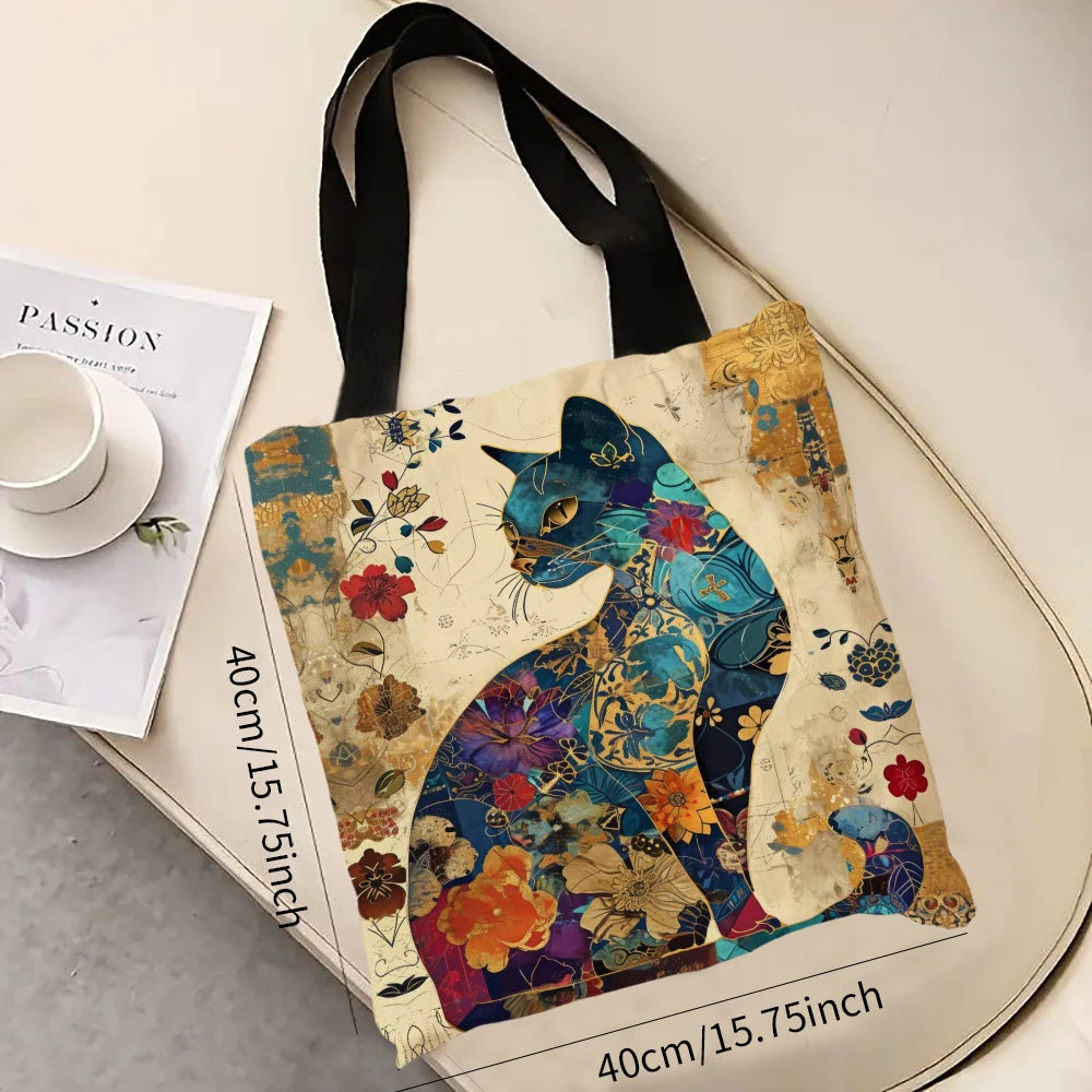 Cat Floral Design Handbag Retro Pattern Decorative Tote Bag Daily Casual Use Shoulder Bag, Large Capacity Practical Shopping Bag