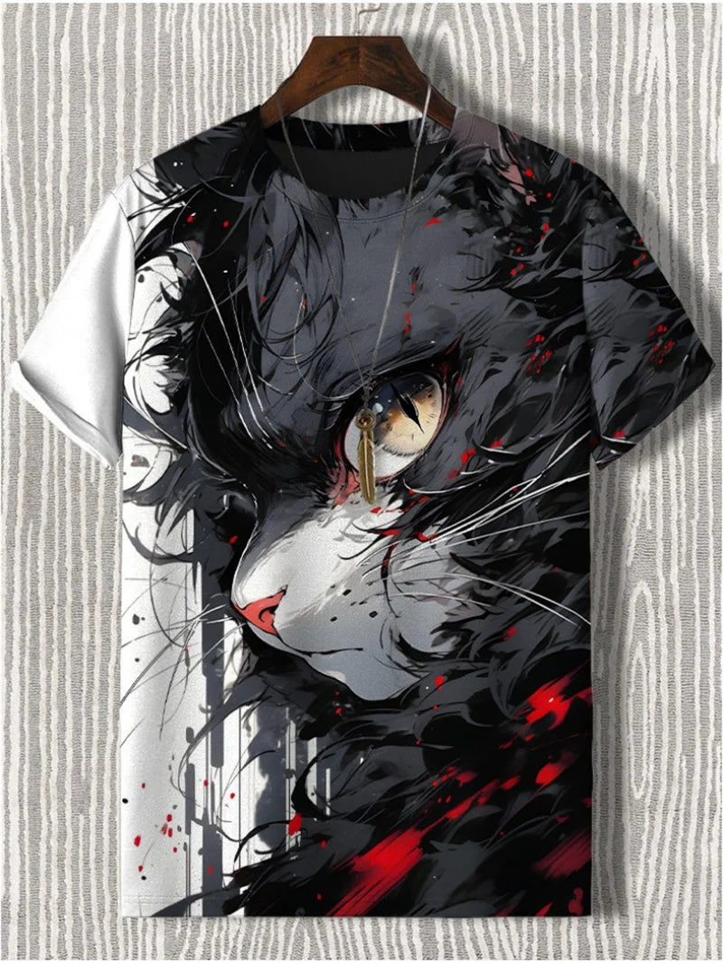 Japanese Style Samurai Cat Graphic T Shirt For Men Causal 3D Printed O Neck Short Sleeve Tees Outdoor Oversize Men Clothing Tops