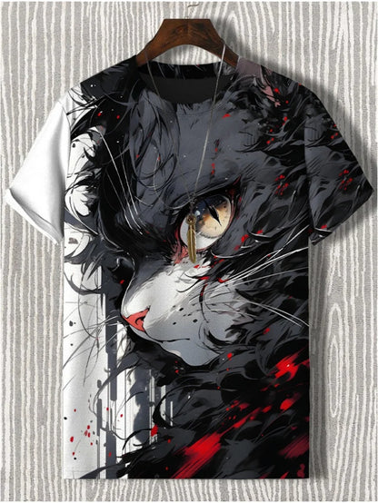 Japanese Style Samurai Cat Graphic T Shirt For Men Causal 3D Printed O Neck Short Sleeve Tees Outdoor Oversize Men Clothing Tops