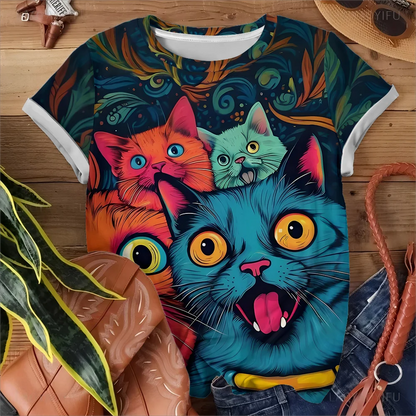 Summer personalized cute cat pattern daily casual versatile women's short sleeved T-shirt