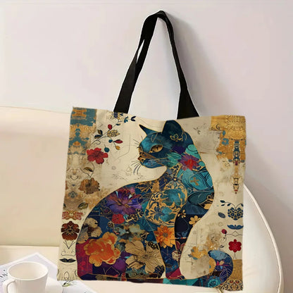 Cat Floral Design Handbag Retro Pattern Decorative Tote Bag Daily Casual Use Shoulder Bag, Large Capacity Practical Shopping Bag