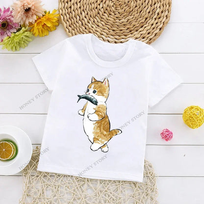 Cats Kids T Shirt Personalized Cartoon Cat Print Fashion Children's T-shirt Short Sleeve Children's Summer Boys Clothes Tops Tee