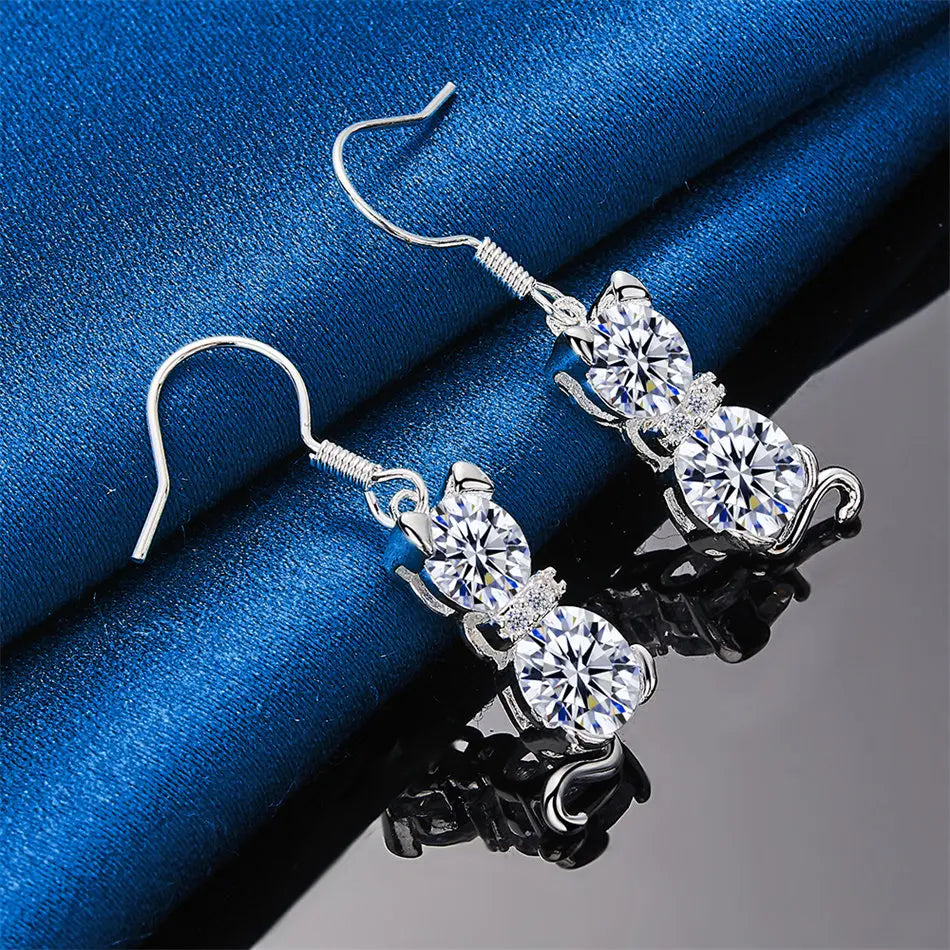 1 pair of 925 sterling silver exquisite cat zircon pendant earrings, women's fashion accessories gift, engagement jewelry
