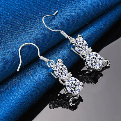 1 pair of 925 sterling silver exquisite cat zircon pendant earrings, women's fashion accessories gift, engagement jewelry